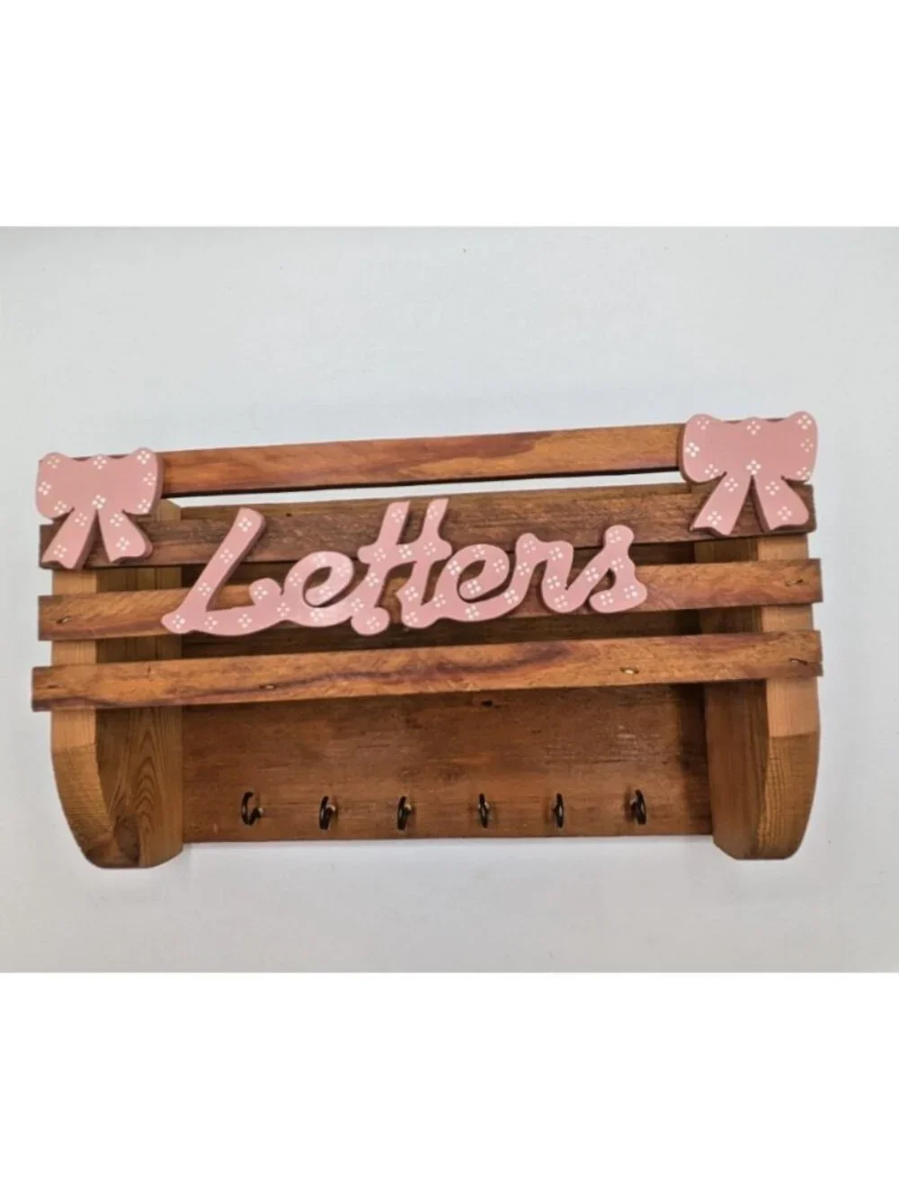 Vtg Wood Key Mail Letter Hanging Holder Rack Wall Mount 6 Hooks Pink Bows 12